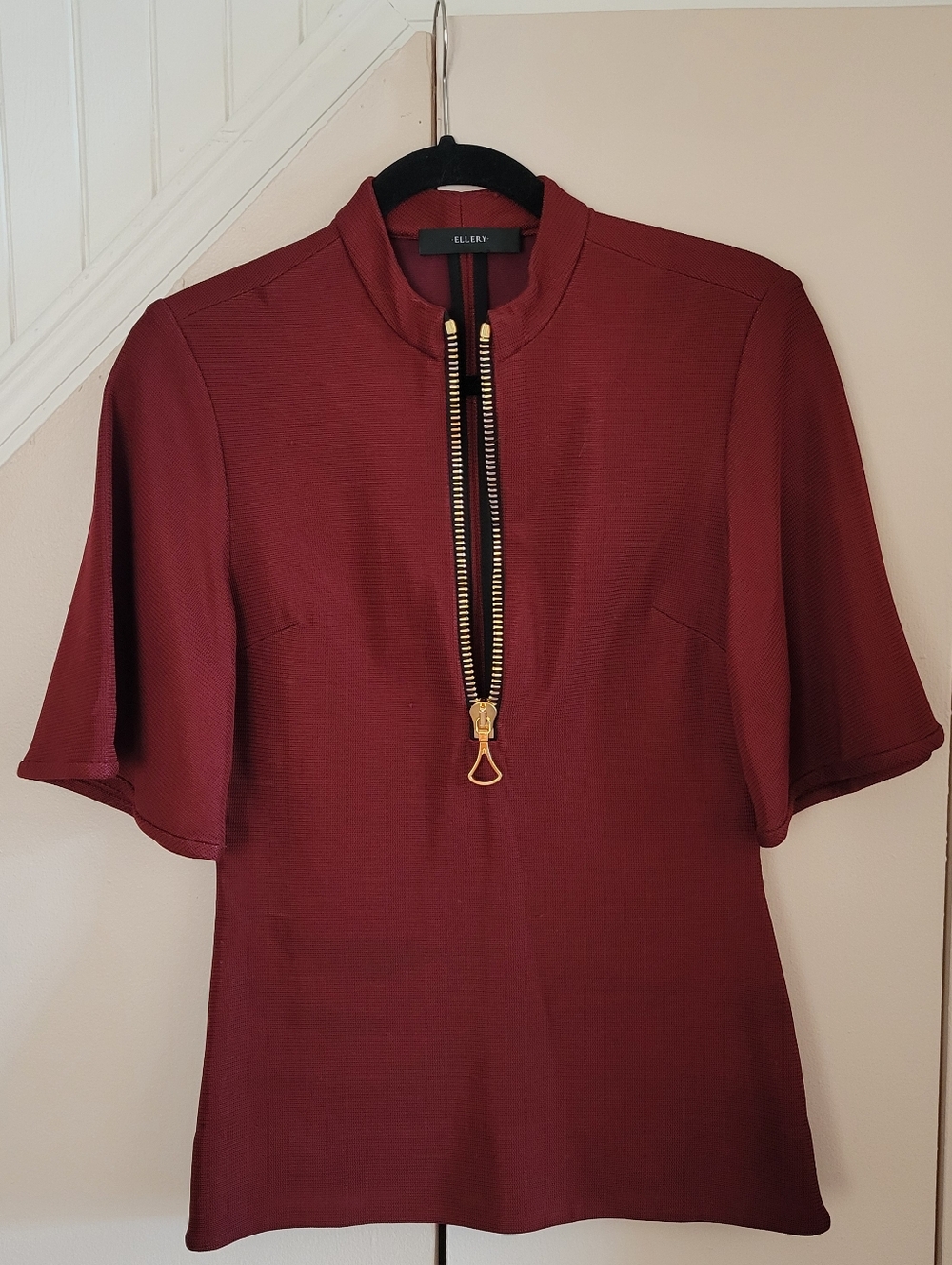 Ellery Designer Burgundy Mock Neck Top Size 4 Flare Sleeve Gold Zip Blouse